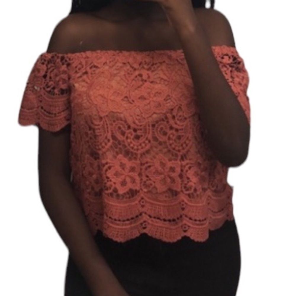 Haute Monde Chantilly Lace Off The Shoulder Top size large Blouse blush pink - Picture 11 of 11